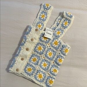 Cotton Emporium Crochet Striped Top - Light Blue, Yellow, White